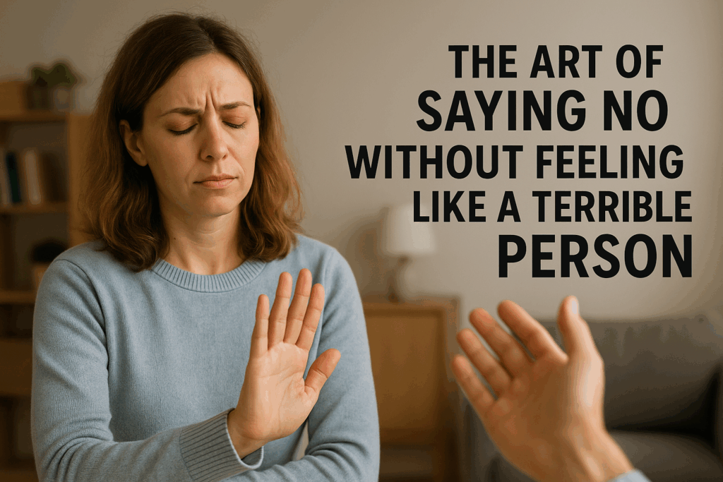 A lady saying no to another person. The art of saying no without feeling like a terrible person
