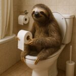 Sloth sitting on toilet with toilet paper. Sloth's slow motion bathroom saga