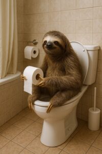 Sloth sitting on toilet with toilet paper. Sloth's slow motion bathroom saga