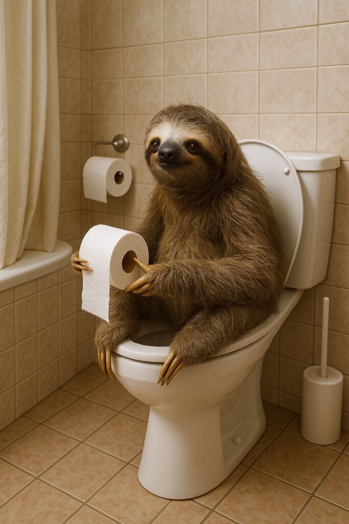 Sloth sitting on toilet with toilet paper. Sloth's slow motion bathroom saga