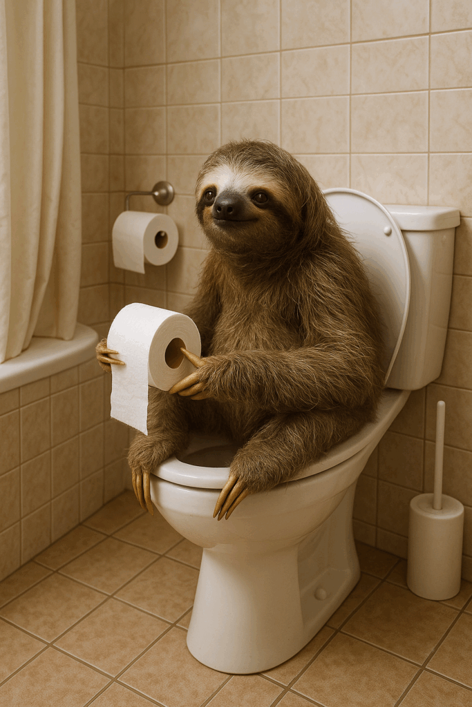Sloth sitting on toilet with toilet paper.