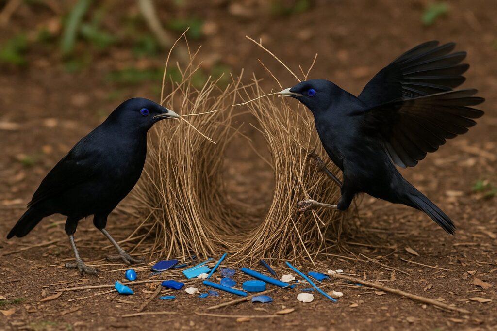 Image of the bower birds building their bowers.