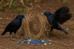 Image of the bower birds building their bowers.