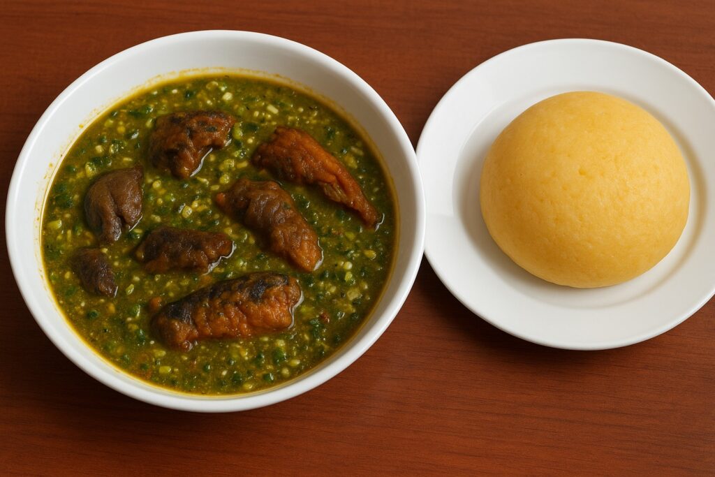 Eba and okra soup with meats