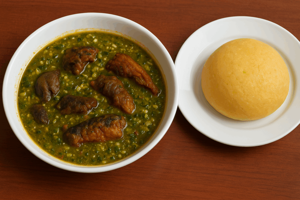Eba and okra soup with meats