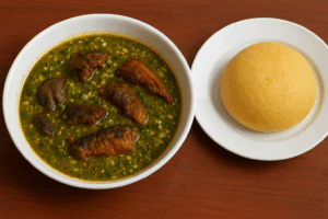 Eba and okra soup with meats