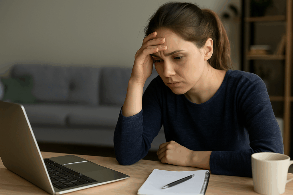 A woman working on her laptop feeling anxious 